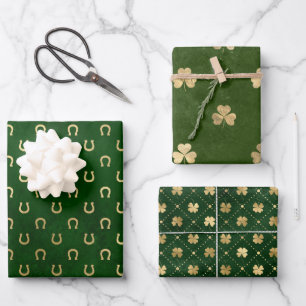Feuille De Papier Cadeau Trèfle élégant vert et or Saint Patrick