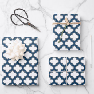 Feuille De Papier Cadeau Trellis bleu blanc et marine, treillis, Quatrefoil