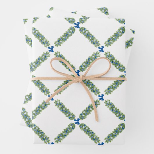 Feuille De Papier Cadeau Trellis Bleu Bow (En situation)