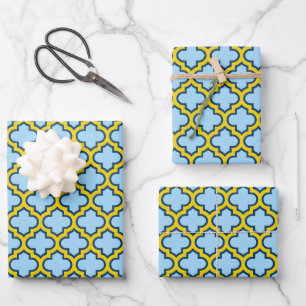 Feuille De Papier Cadeau Trellis bleu et jaune, treillis, Quatrefoil