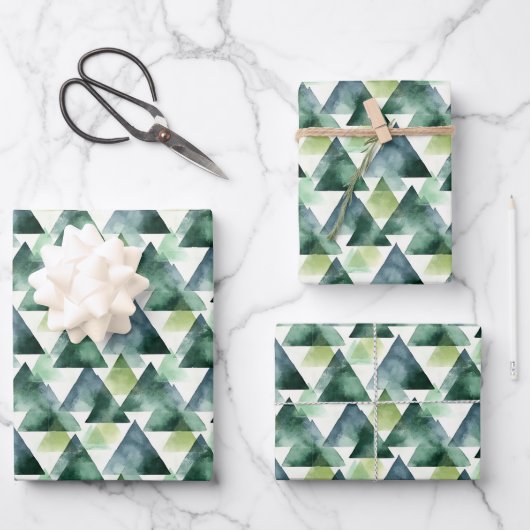 Feuille De Papier Cadeau Triangles verts et bleus sur fond blanc (Recto)