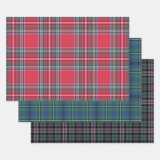 Feuille De Papier Cadeau Trio classique écossais de Noël Tartan Plaid (Lot)