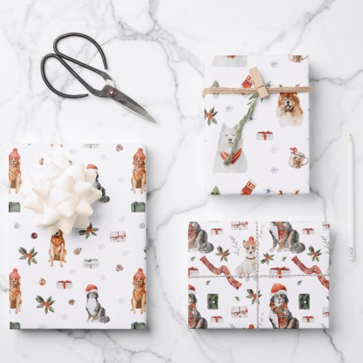 Feuille De Papier Cadeau Trio de chiens de Noël (Recto)