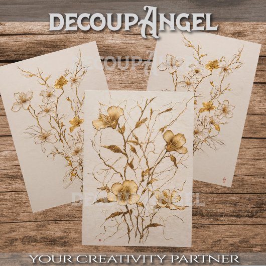 Feuille De Papier Cadeau Trio de fleurs d'or - Découpage -