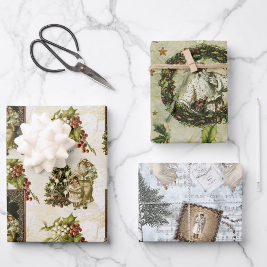 Feuille De Papier Cadeau Trio de Noël victorien (Recto)