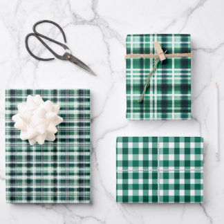 Feuille De Papier Cadeau Trio Plaid vert et blanc