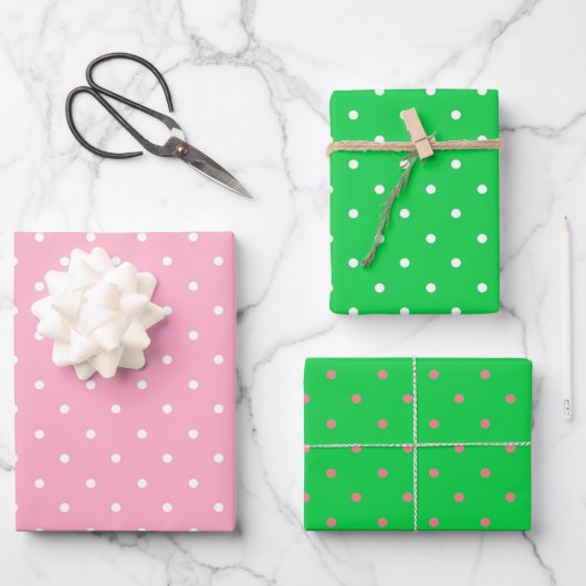 Feuille De Papier Cadeau Trio Pois rose et vert (Recto)