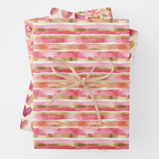 Feuille De Papier Cadeau Trio rose et or (En situation)