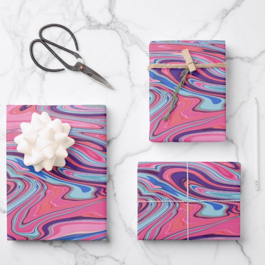 Feuille De Papier Cadeau Trippy Abstrait Marbled Art en bleu et rose (Recto)