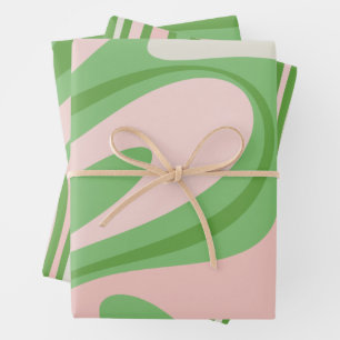 Feuille De Papier Cadeau Trippy Retro Boho Abstraits Motifs vert et rose