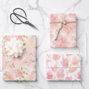 Feuille De Papier Cadeau Trois motifs abstraits aquarelle pêche rose