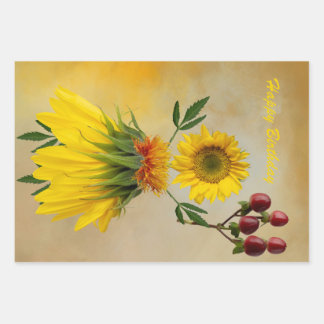 Feuille De Papier Cadeau Trois motifs de fleurs