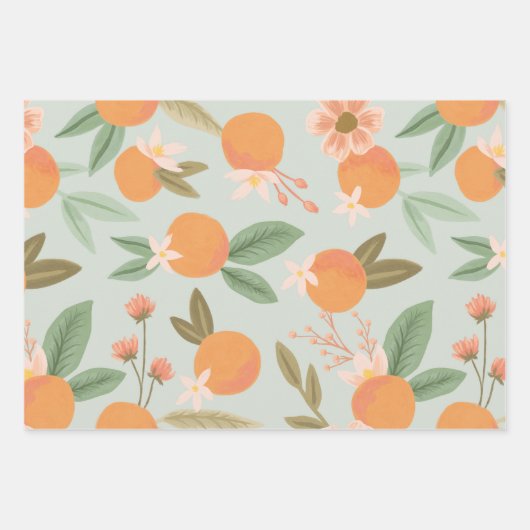 Feuille De Papier Cadeau Tropical Citrus Floral Mint Green (Devant)