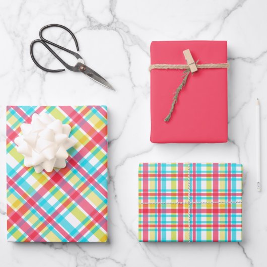 Feuille De Papier Cadeau Tropical - Coral, Blue, Chartreuse, Yellow Plaid (Recto)