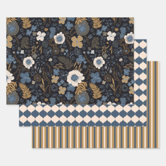 Feuille De Papier Cadeau Tropical Hibiscus, Stripes, Ornaments Blue Holiday