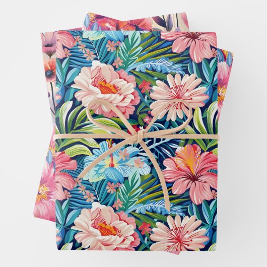 Feuille De Papier Cadeau Tropical Summer Flowers Botanical Floral Pattern (En situation)
