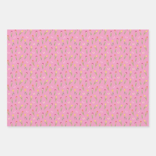 Feuille De Papier Cadeau Tulipes et papillons Motif rose (Devant)