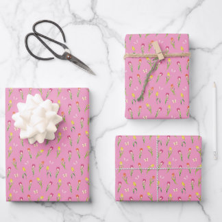 Feuille De Papier Cadeau Tulipes et papillons Motif rose
