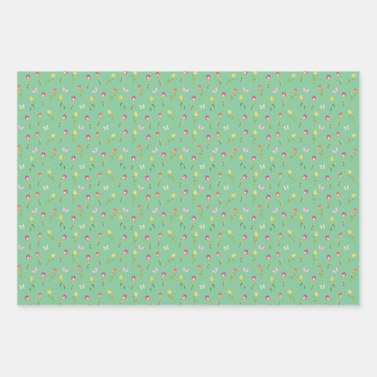 Feuille De Papier Cadeau Tulipes et papillons Motif vert (Devant 3)