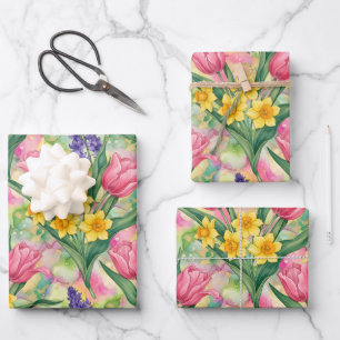Feuille De Papier Cadeau Tulipes, jonquilles, jacinthes dans le style d'enc