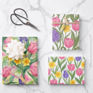 Feuille De Papier Cadeau Tulipes Jonquilles Jacinthes Trois Styles Différen