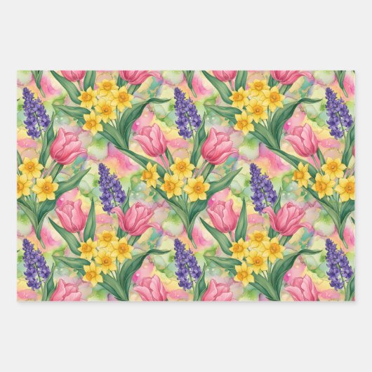 Feuille De Papier Cadeau Tulips Daffodils Hyacinths Three Different Styles (Devant)