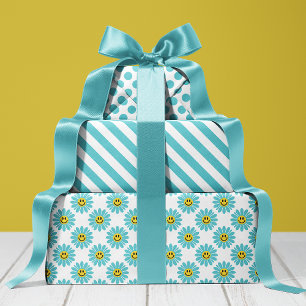 Feuille De Papier Cadeau Turbquoise Joyeuse Daisy Floral Bandes Rayures Poi