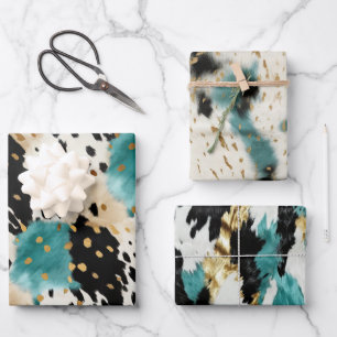 Feuille De Papier Cadeau Turquoise Black Cream Gold Western Cowgirl Cowhide