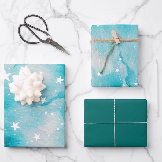 Feuille De Papier Cadeau Turquoise Bleu Céleste Étoiles (Recto)