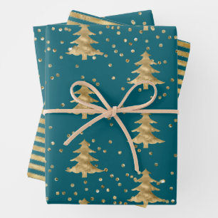 Feuille De Papier Cadeau Turquoise Bleu Or Arbre de Noël Stripes Étincelle