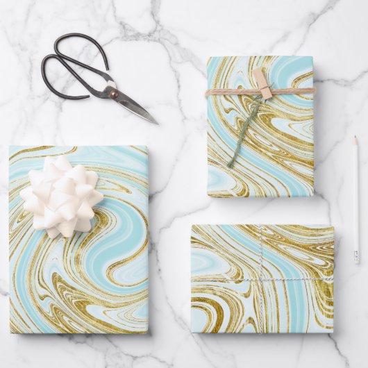 Feuille De Papier Cadeau Turquoise Clair et Aspect Marbre Doré (Recto)