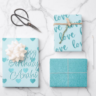 Feuille De Papier Cadeau Turquoise Faux Foil Coeurs Amour Script   Turquois