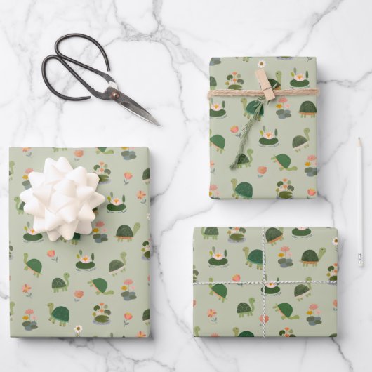 Feuille De Papier Cadeau Turtles & Lily Pads on Gin Green (Recto)