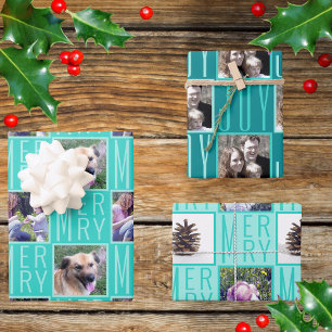 Feuille De Papier Cadeau Typographie Carré Photos Turquoise Cute Retro