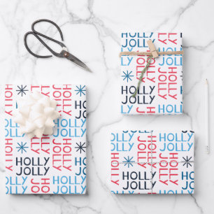 Feuille De Papier Cadeau Typographie de Jolly Holly Rouge Bleu Blanc