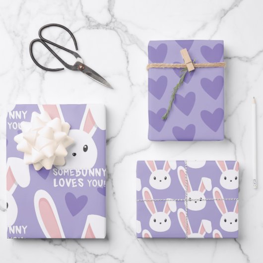 Feuille De Papier Cadeau Un lapin vous aime Coeurs mignons Violet Valentine (Recto)