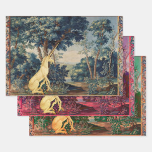 FEUILLE DE PAPIER CADEAU UNICORN EN PAYSAGE EN BOIS, ARBRES, VERDURE 