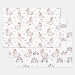 Feuille De Papier Cadeau Unicorn Rainbows Boho tendance rose gris bleu