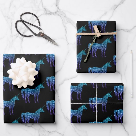 Feuille De Papier Cadeau Unicorn Sparkles aqua blue ombre motif noir (Recto)