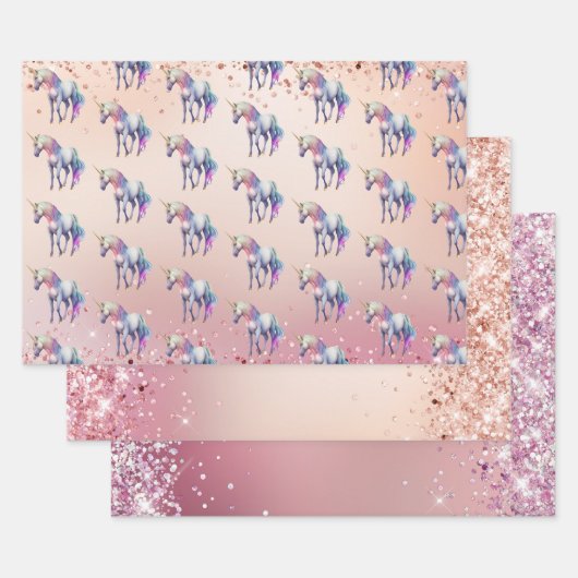 Feuille De Papier Cadeau Unicorne rose or rose (Lot)