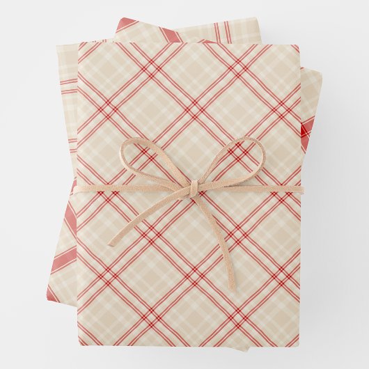 Feuille De Papier Cadeau Unique Rustic Cream & Red Squiggly Mixed Plaid