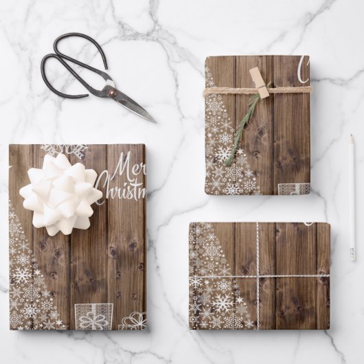 Feuille De Papier Cadeau Unique Rustique Joyeux Noël Snowflake (Recto)
