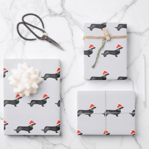 Feuille De Papier Cadeau Vacances de Noël de Santa dachsund aquarelle noir