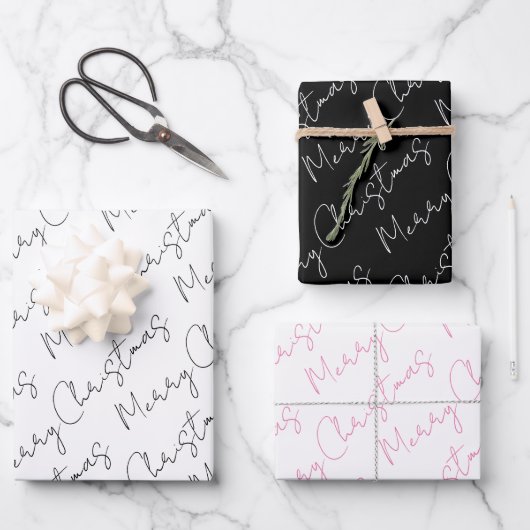 Feuille De Papier Cadeau Vacances de Noël noir, blanc, rose (Recto)