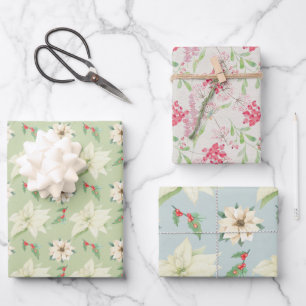 Feuille De Papier Cadeau Vacances de Noël Poinsettias Holly Berries