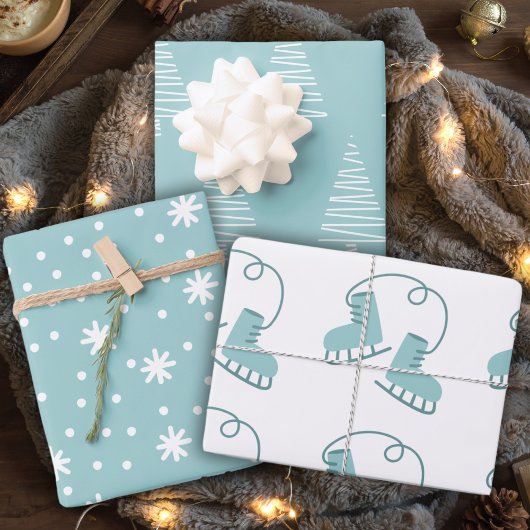 Feuille De Papier Cadeau Vacances de Noël Vert Bleu Simple
