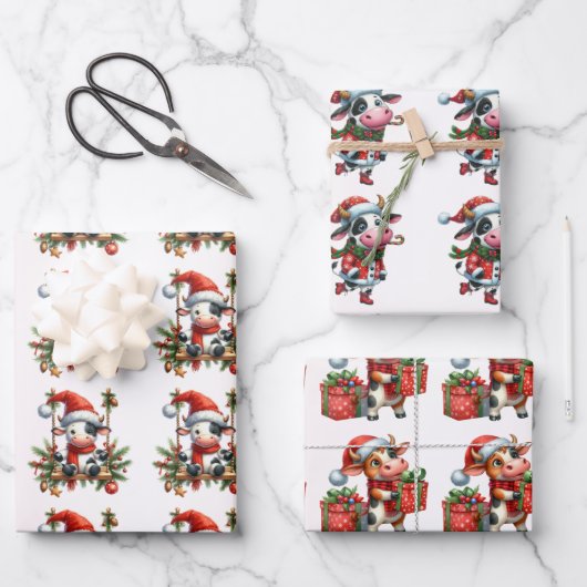 Feuille De Papier Cadeau Vache bébé (veau) Enfants de Noël (Recto)