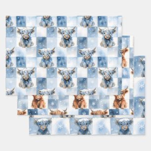 Feuille De Papier Cadeau Vache Highland à carreaux bleus Flocon de neige Hi