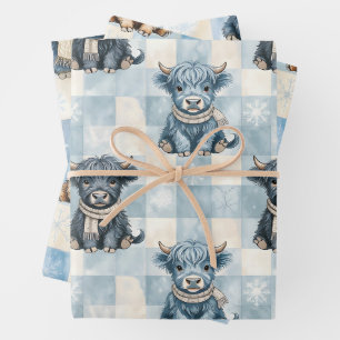 Feuille De Papier Cadeau Vache Highland à carreaux bleus Mignonne