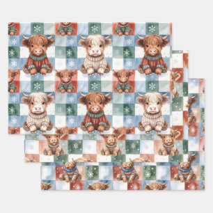 Feuille De Papier Cadeau Vache Highland à Noël à carreaux Rouge Vert Bleu
